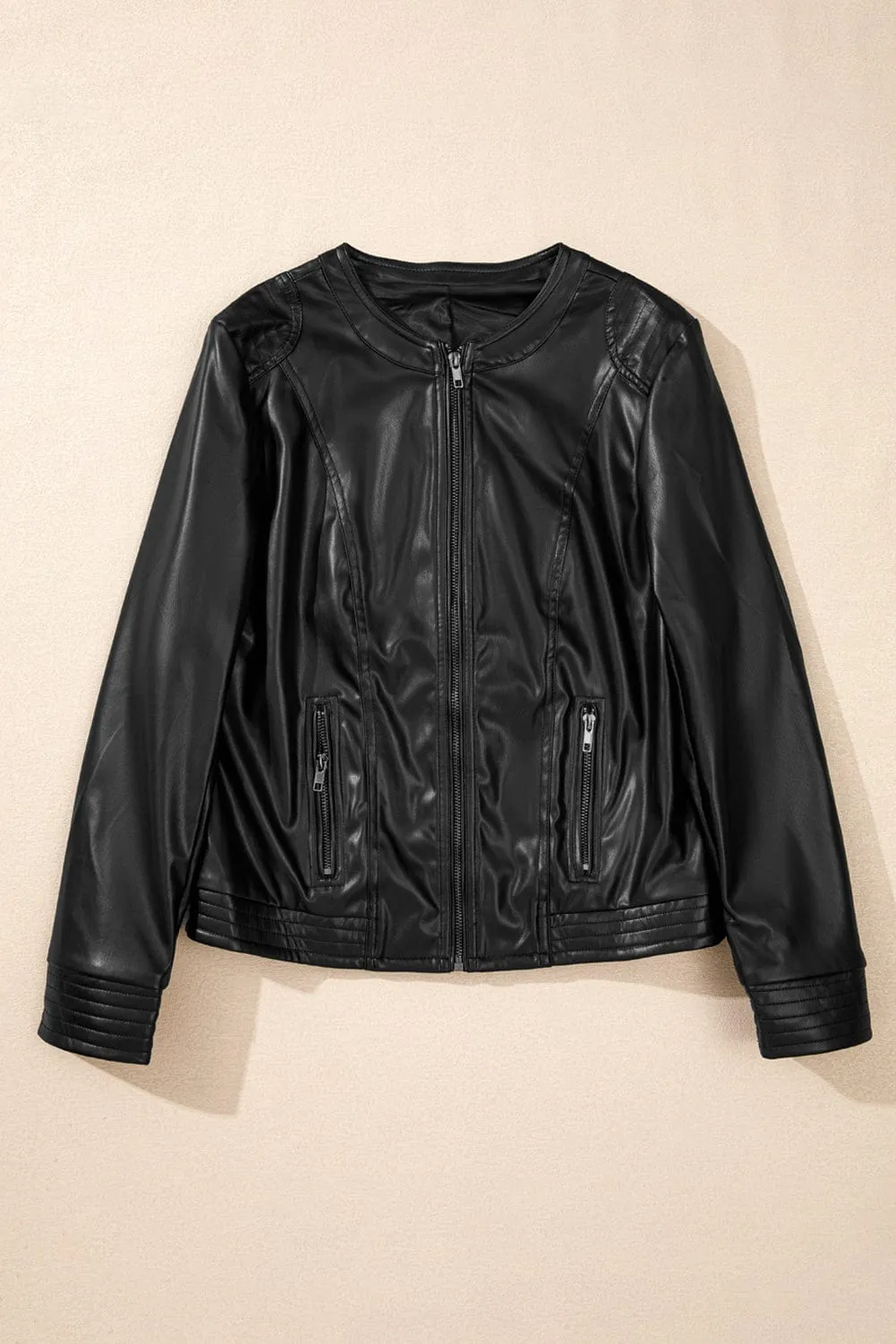 PU Leather Round Neck Long Sleeve Jacket