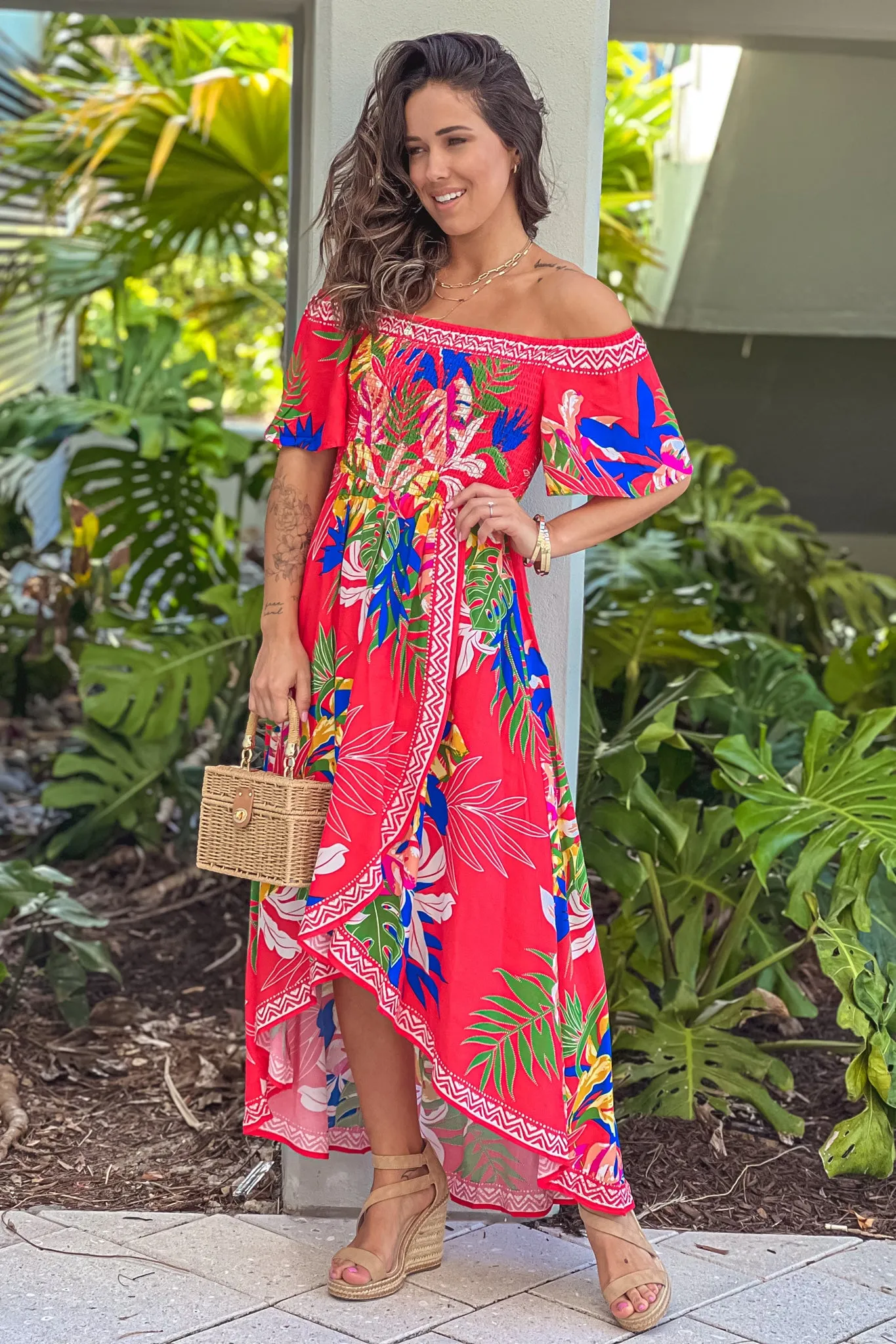 Red Printed High Low Dress