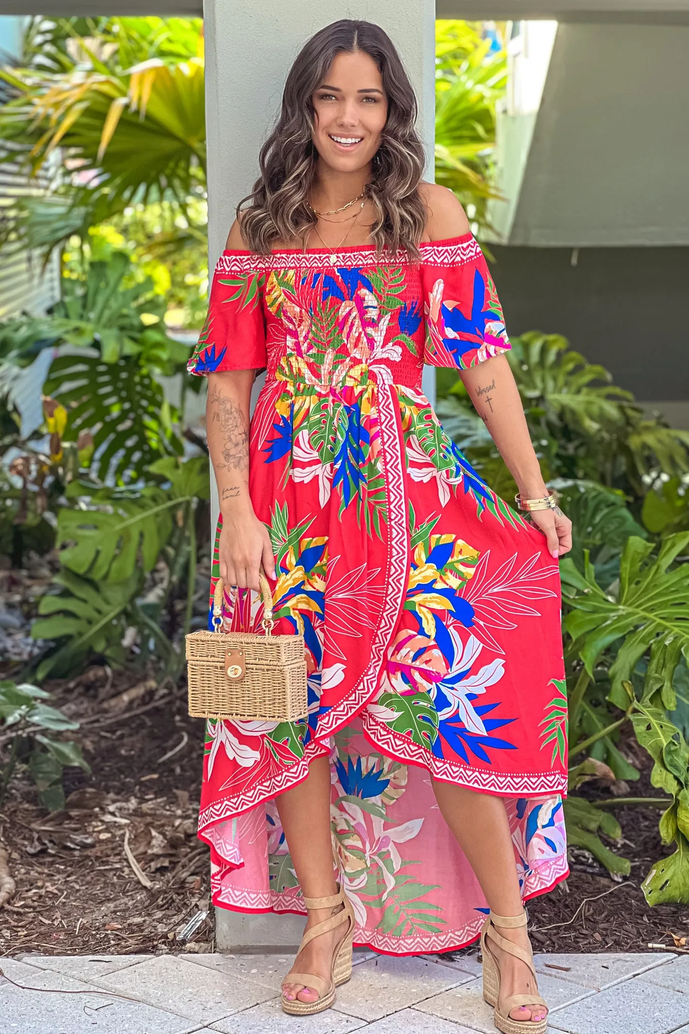 Red Printed High Low Dress