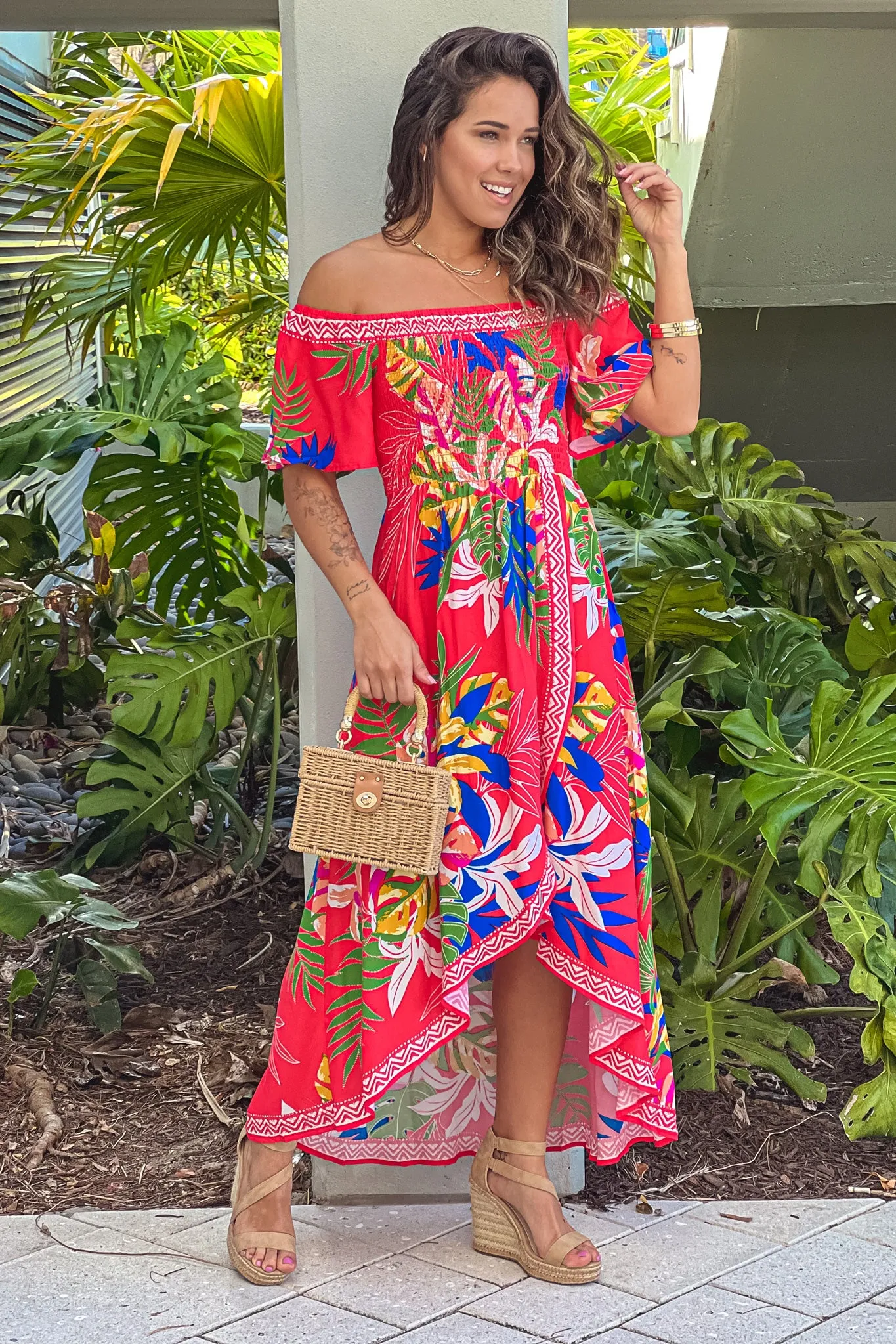 Red Printed High Low Dress