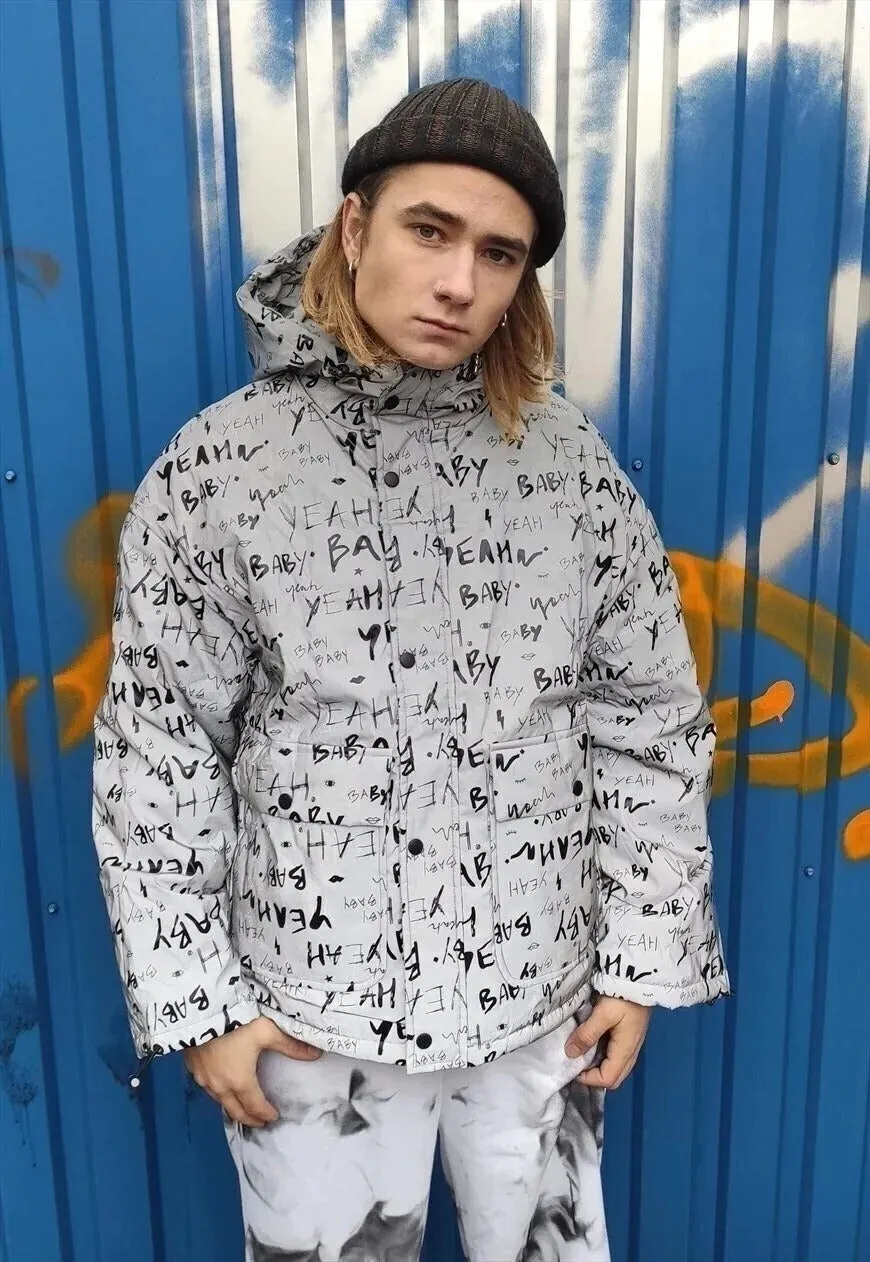 Reflective bomber luminous Graffiti puffer jacket in grey