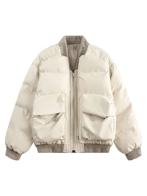 Retro Patchwork Multi Pocket Puffer Bomber Jacket