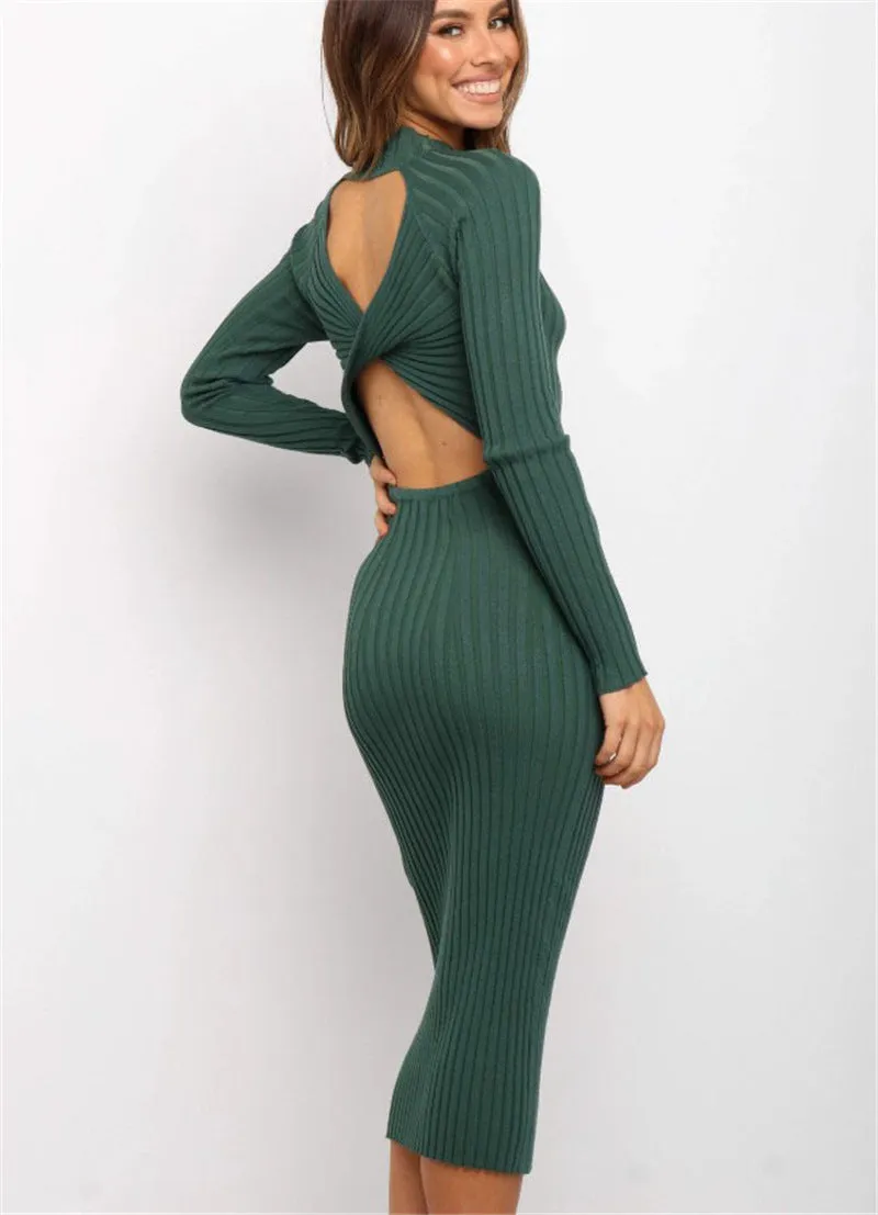 Ribbed Cashmere Pencil Sweater Dress with Cut-Out