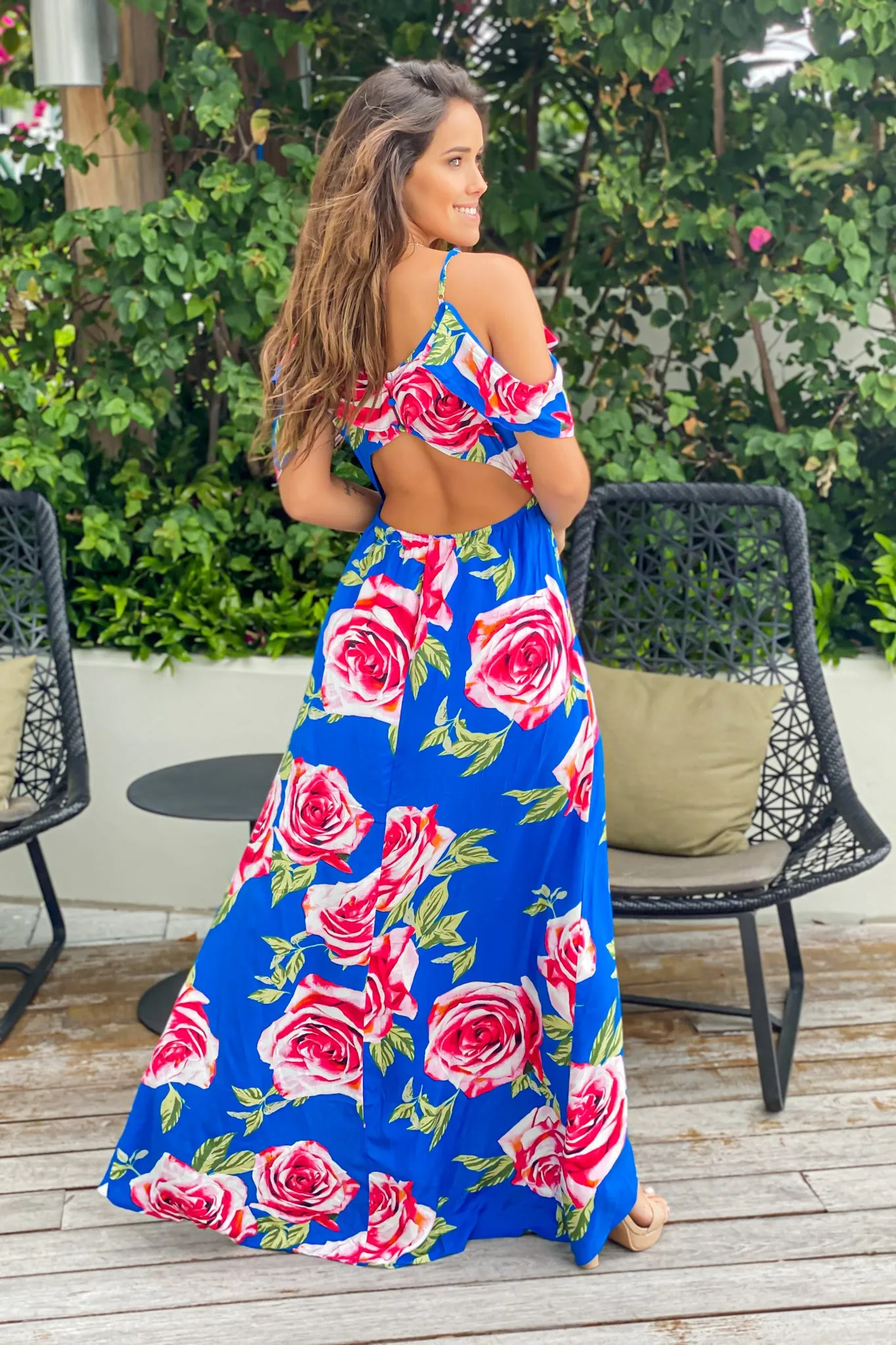 Royal Blue Rose Print High Low Dress