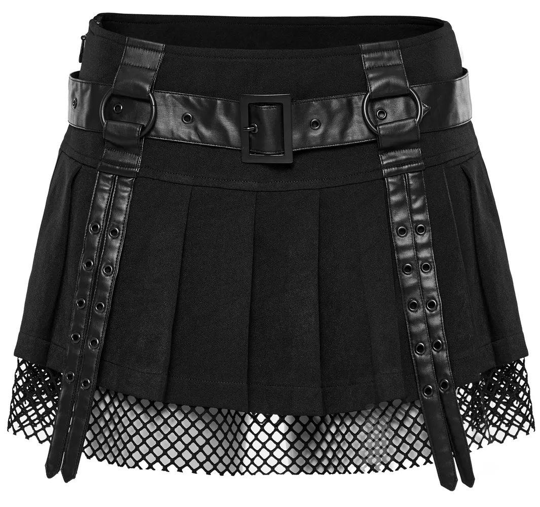 Sexy Gothic Black Pleated Mesh Mini Skirt with Belt