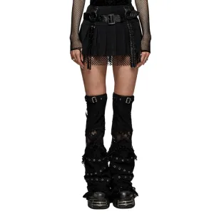 Sexy Gothic Black Pleated Mesh Mini Skirt with Belt