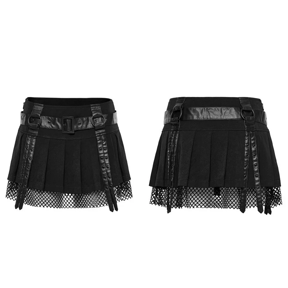 Sexy Gothic Black Pleated Mesh Mini Skirt with Belt