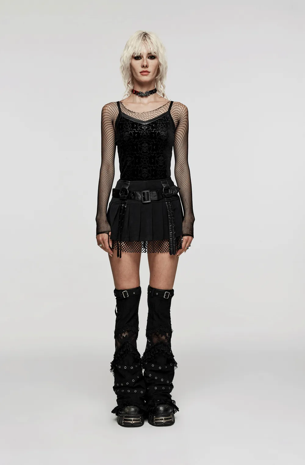 Sexy Gothic Black Pleated Mesh Mini Skirt with Belt