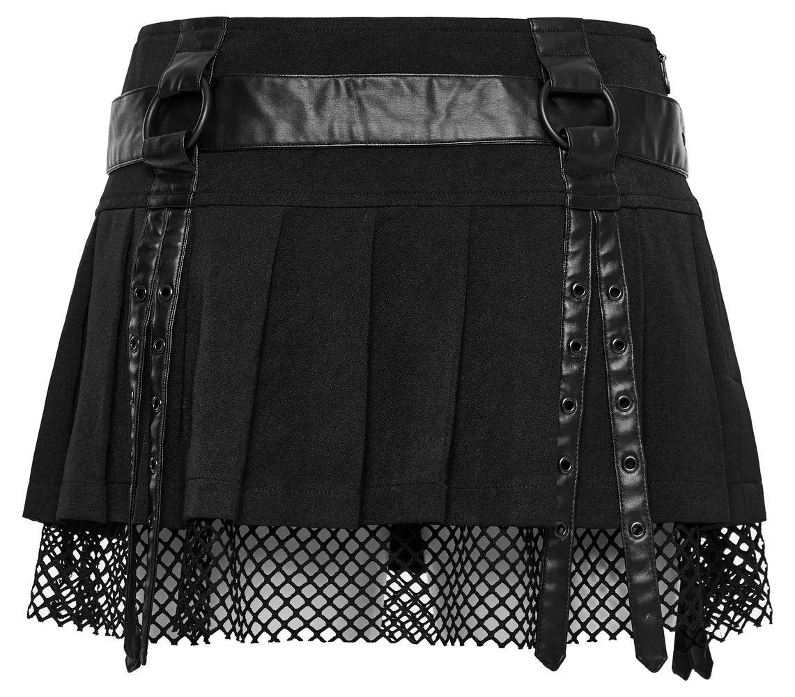 Sexy Gothic Black Pleated Mesh Mini Skirt with Belt