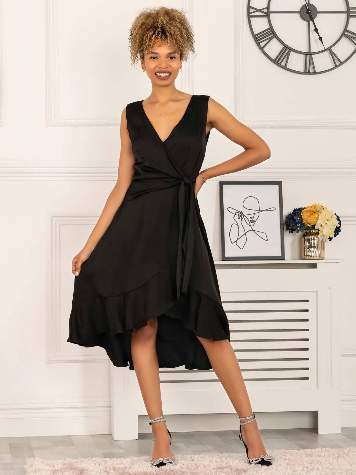 Sherlyn Wrap Flounce Hem Dress, Black