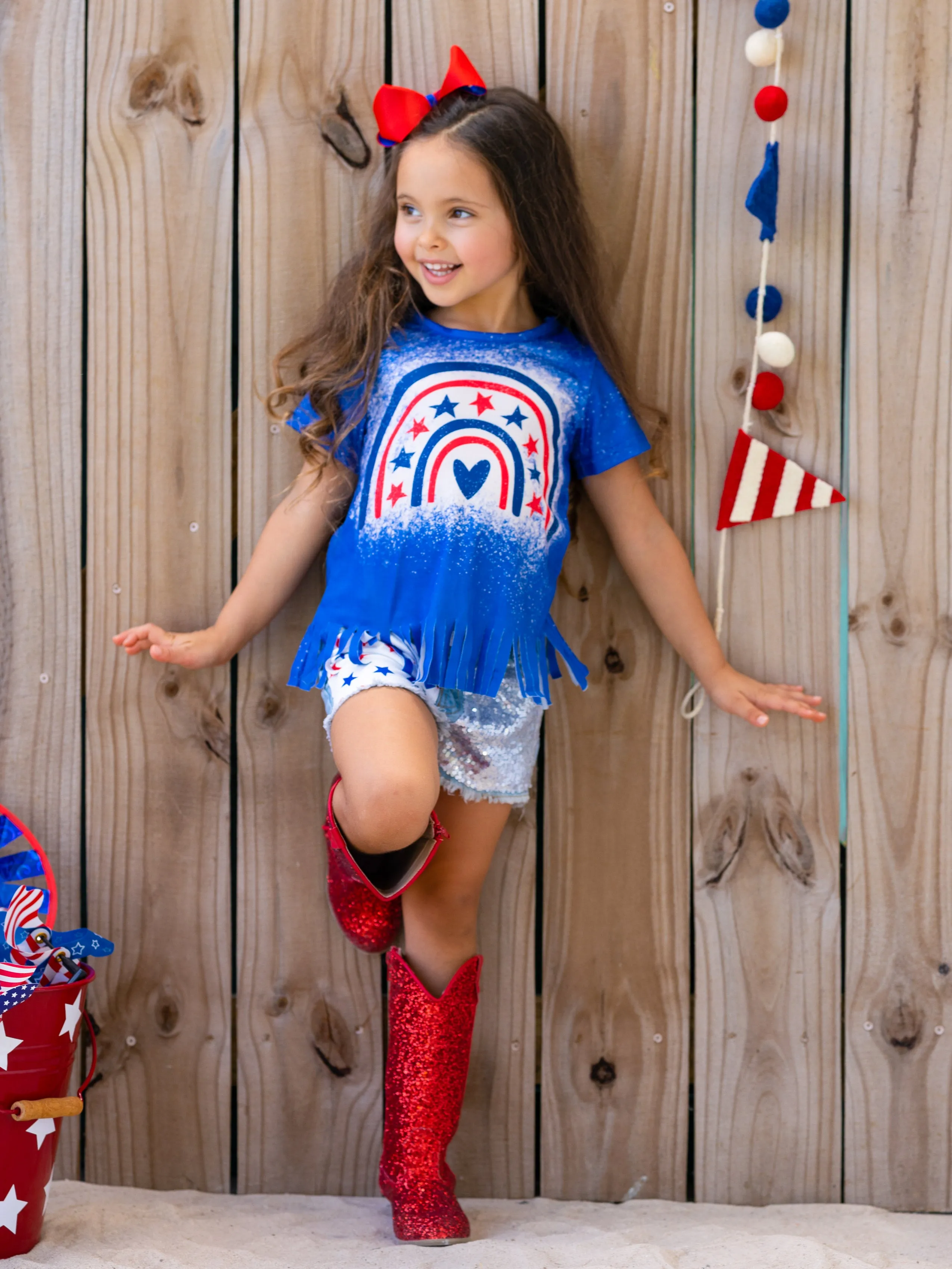 Star Rainbow Sequin Denim Shorts Set