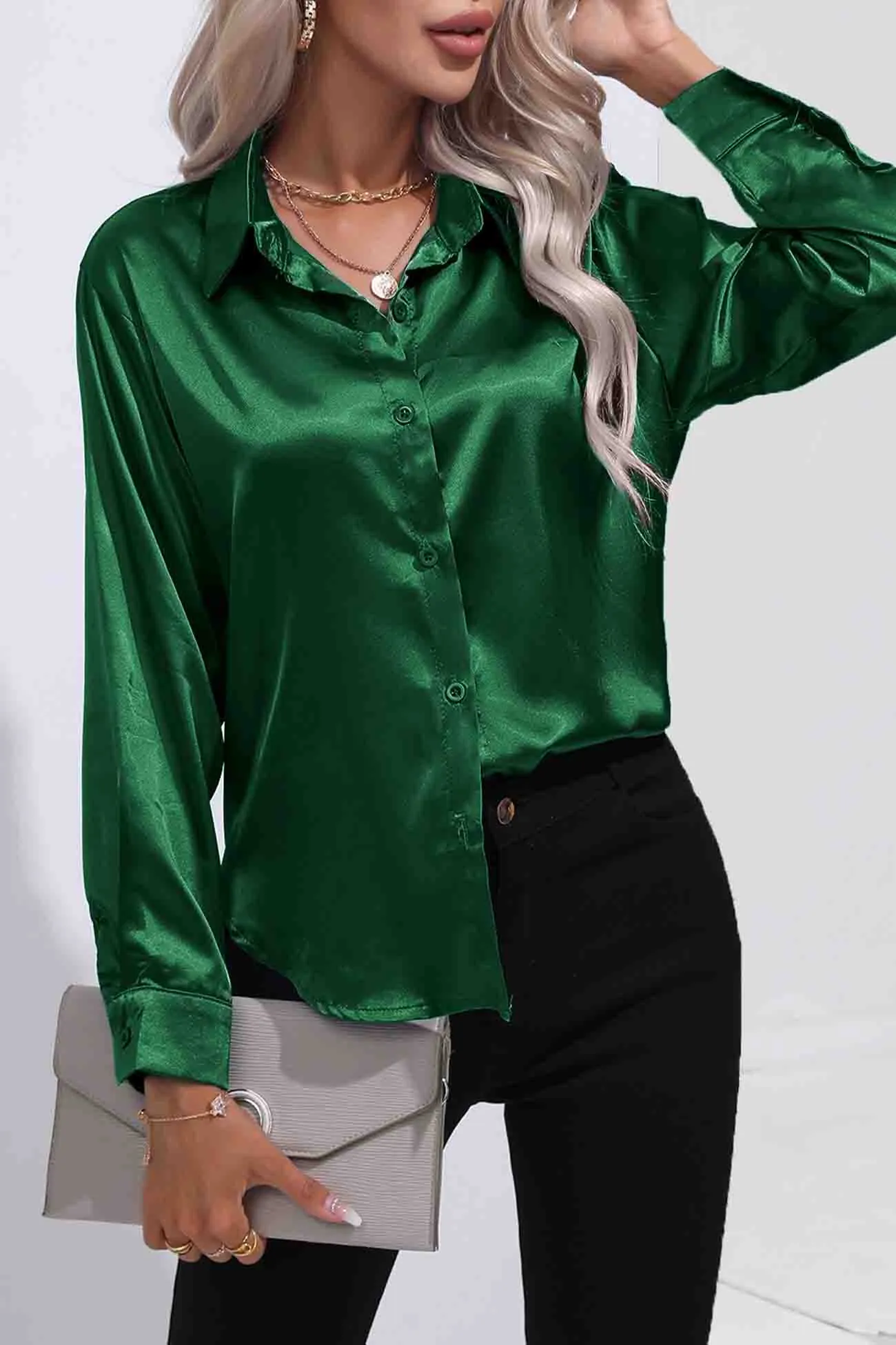 TastyHottie - Lapel Satin Button Up Blouse