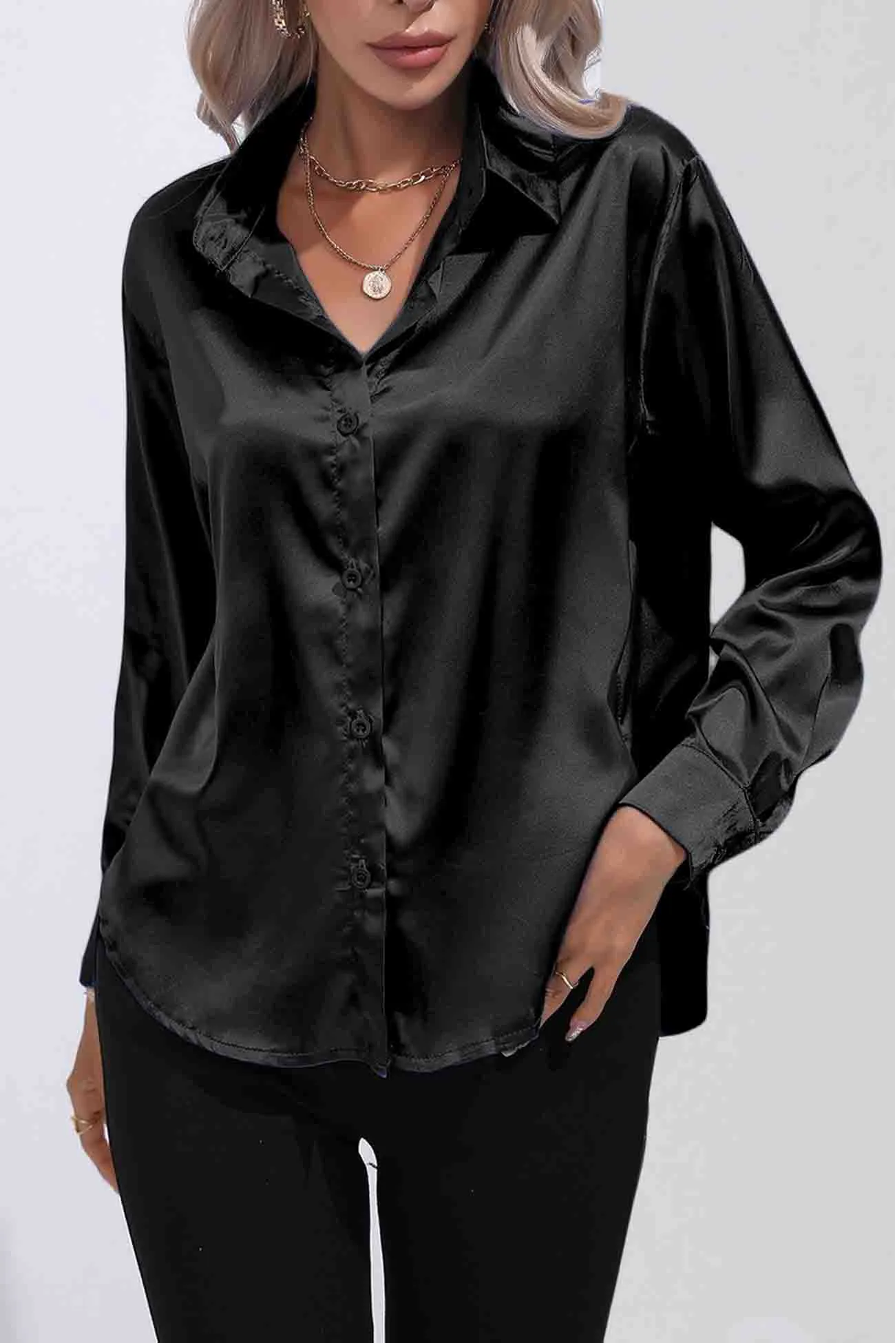 TastyHottie - Lapel Satin Button Up Blouse