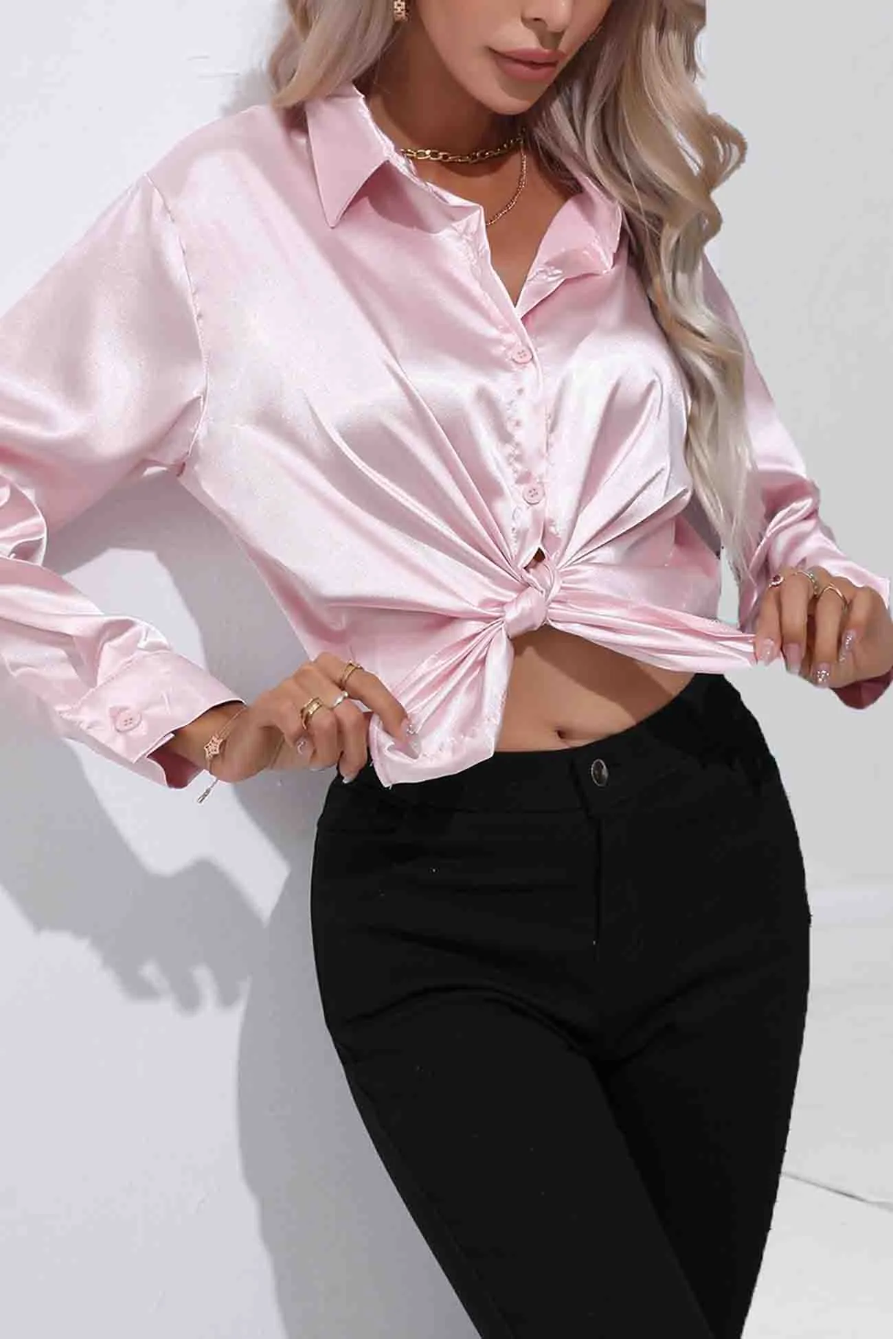 TastyHottie - Lapel Satin Button Up Blouse