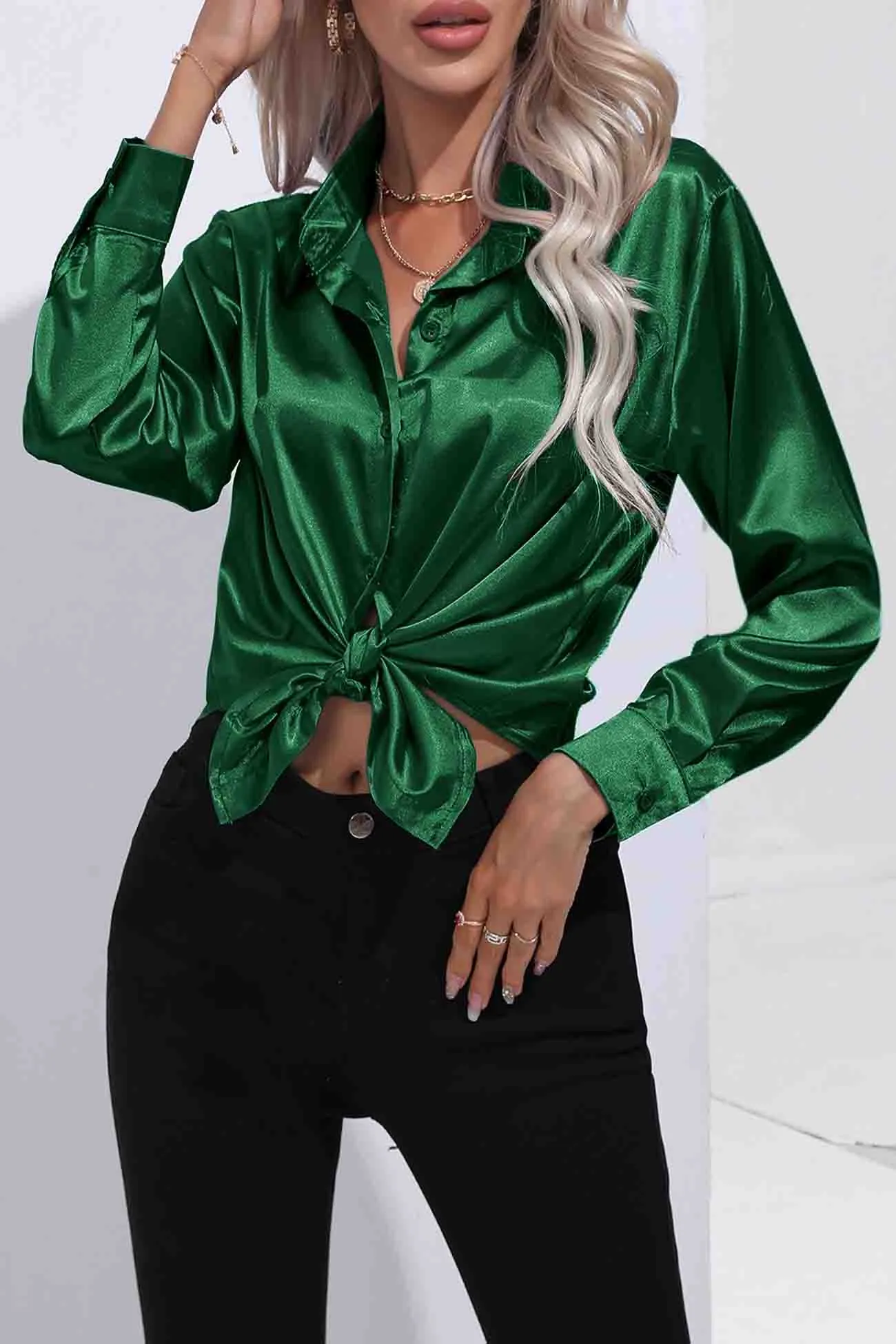 TastyHottie - Lapel Satin Button Up Blouse