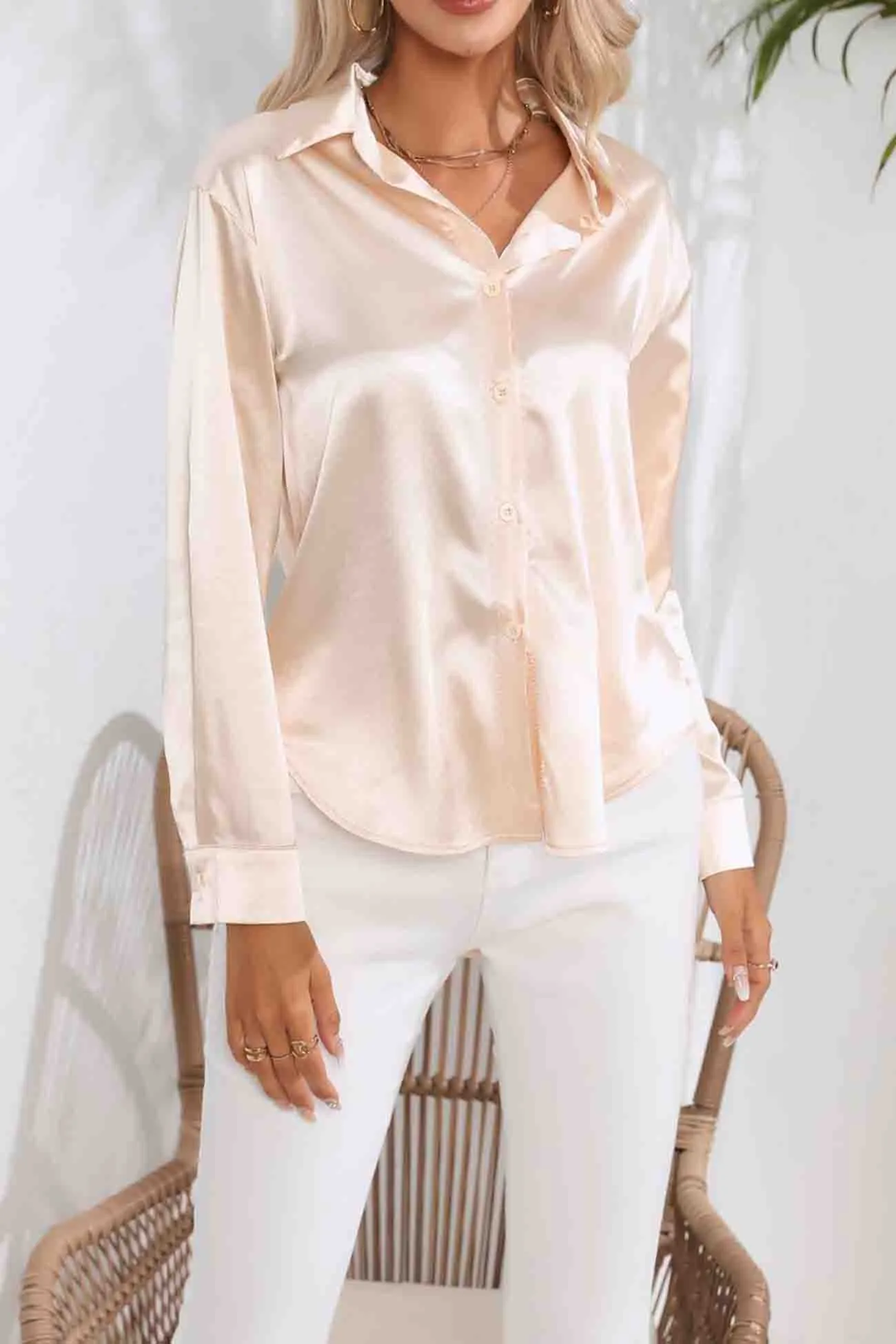 TastyHottie - Lapel Satin Button Up Blouse