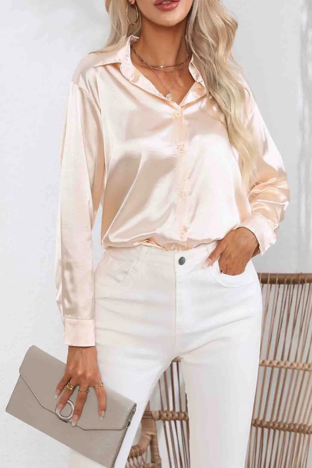 TastyHottie - Lapel Satin Button Up Blouse