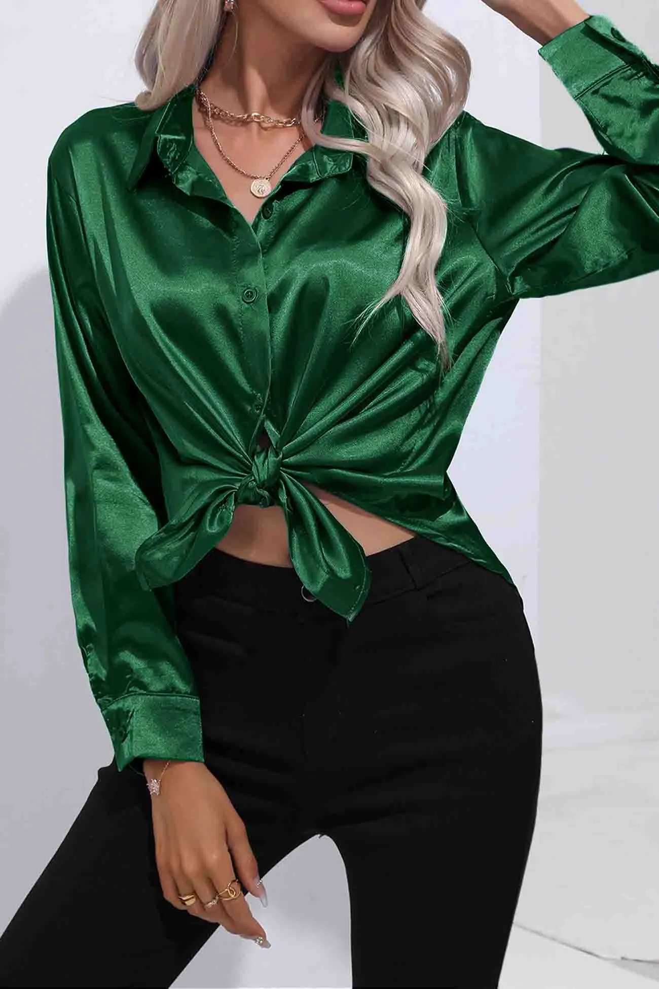 TastyHottie - Lapel Satin Button Up Blouse