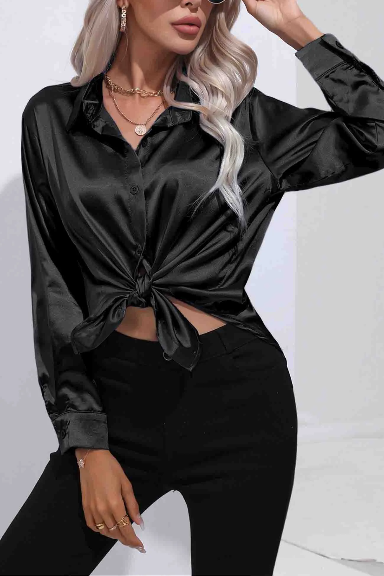 TastyHottie - Lapel Satin Button Up Blouse