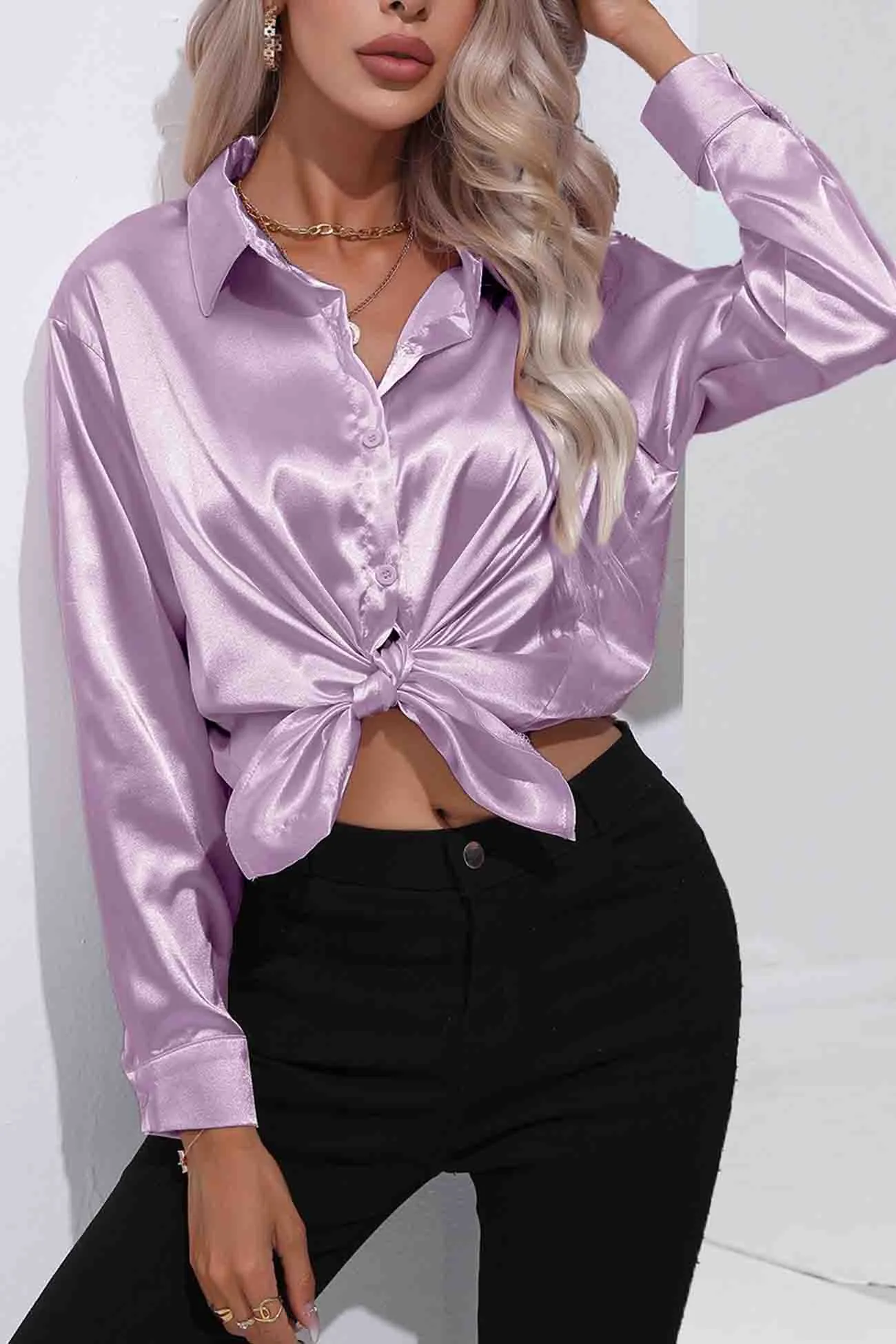 TastyHottie - Lapel Satin Button Up Blouse