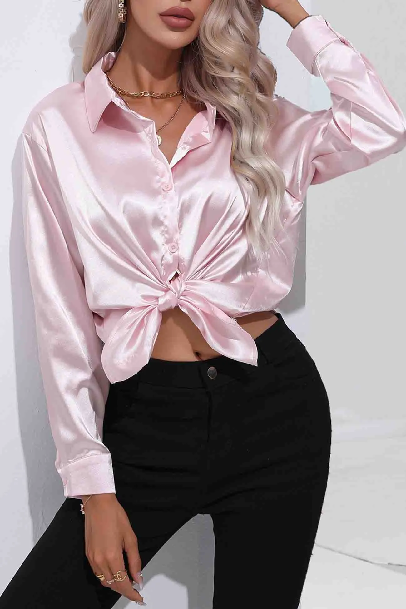 TastyHottie - Lapel Satin Button Up Blouse