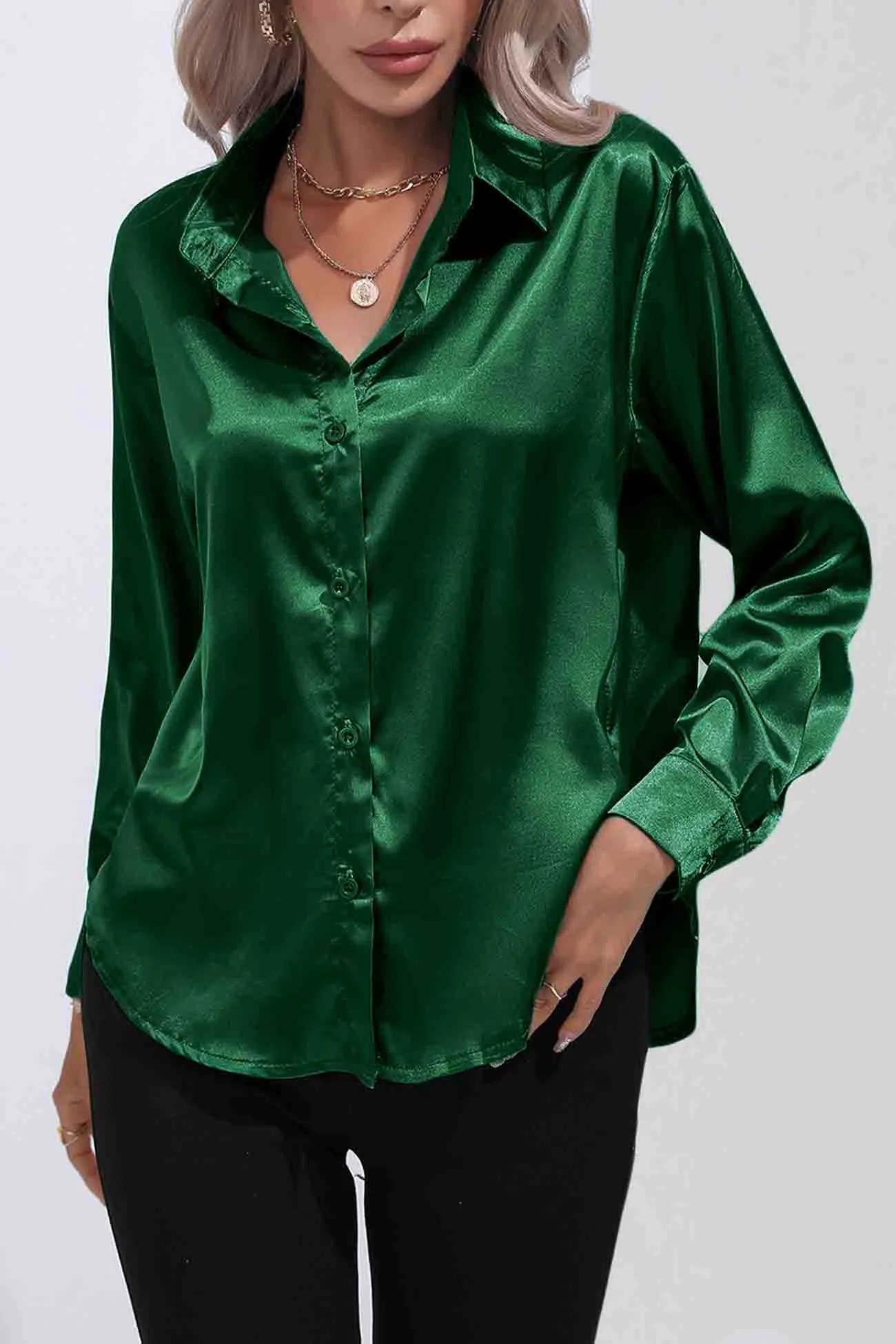 TastyHottie - Lapel Satin Button Up Blouse