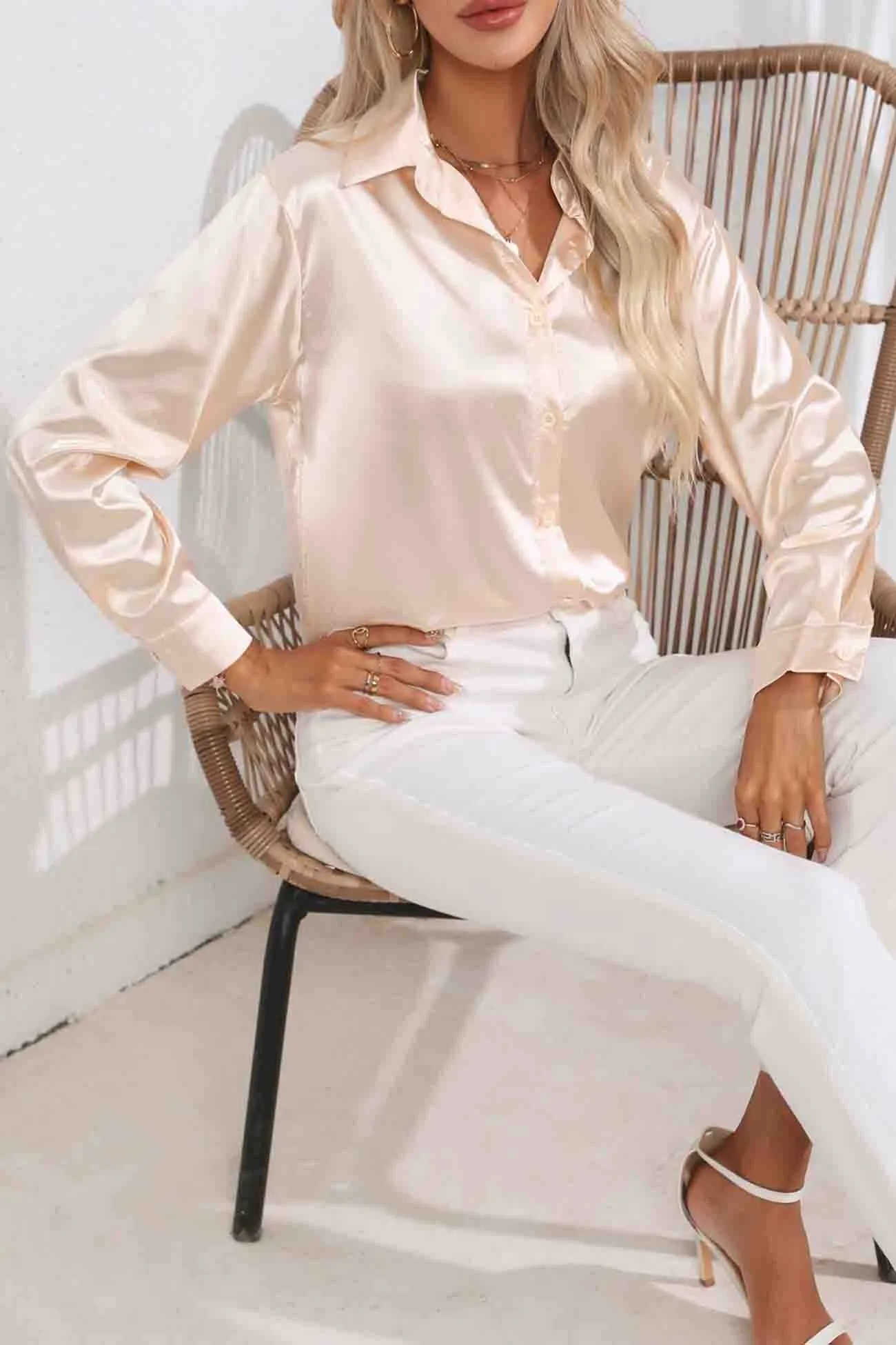 TastyHottie - Lapel Satin Button Up Blouse