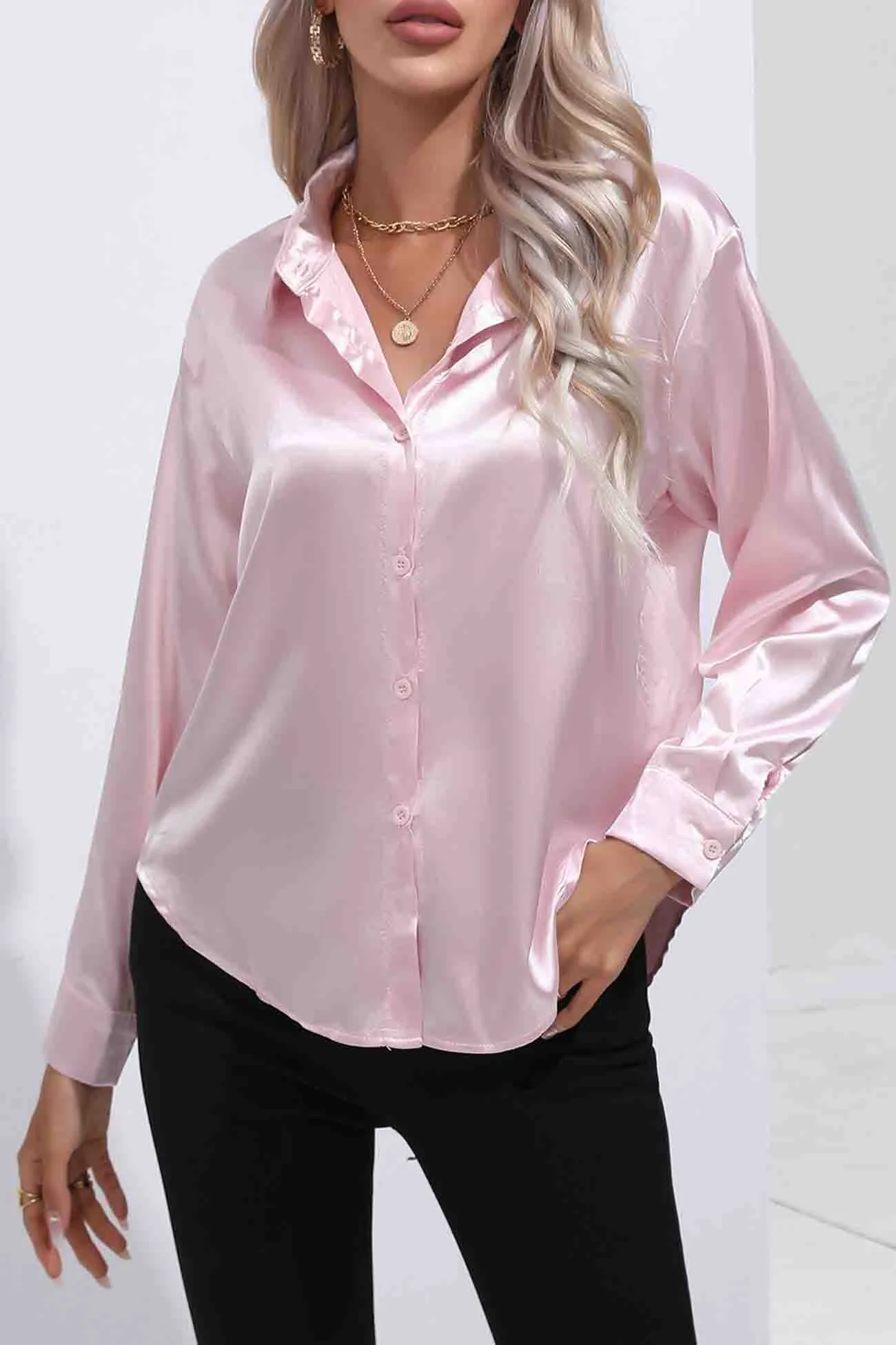 TastyHottie - Lapel Satin Button Up Blouse