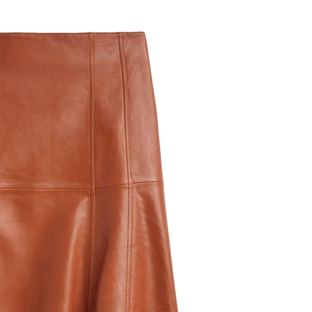 Trend4us Women's Pleated High-Waisted Genuine Leather Skirt