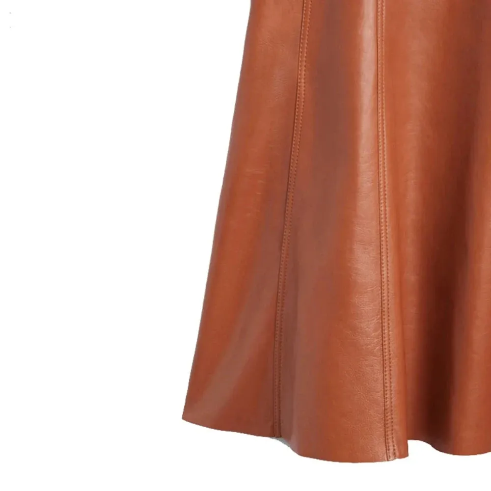 Trend4us Women's Pleated High-Waisted Genuine Leather Skirt