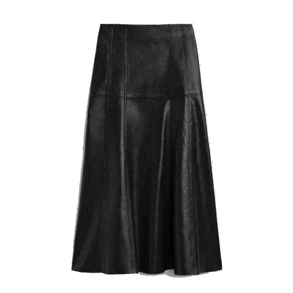 Trend4us Women's Pleated High-Waisted Genuine Leather Skirt