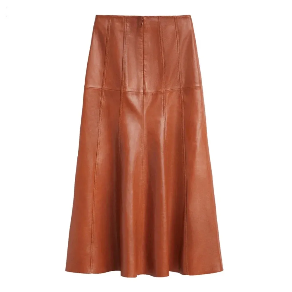 Trend4us Women's Pleated High-Waisted Genuine Leather Skirt