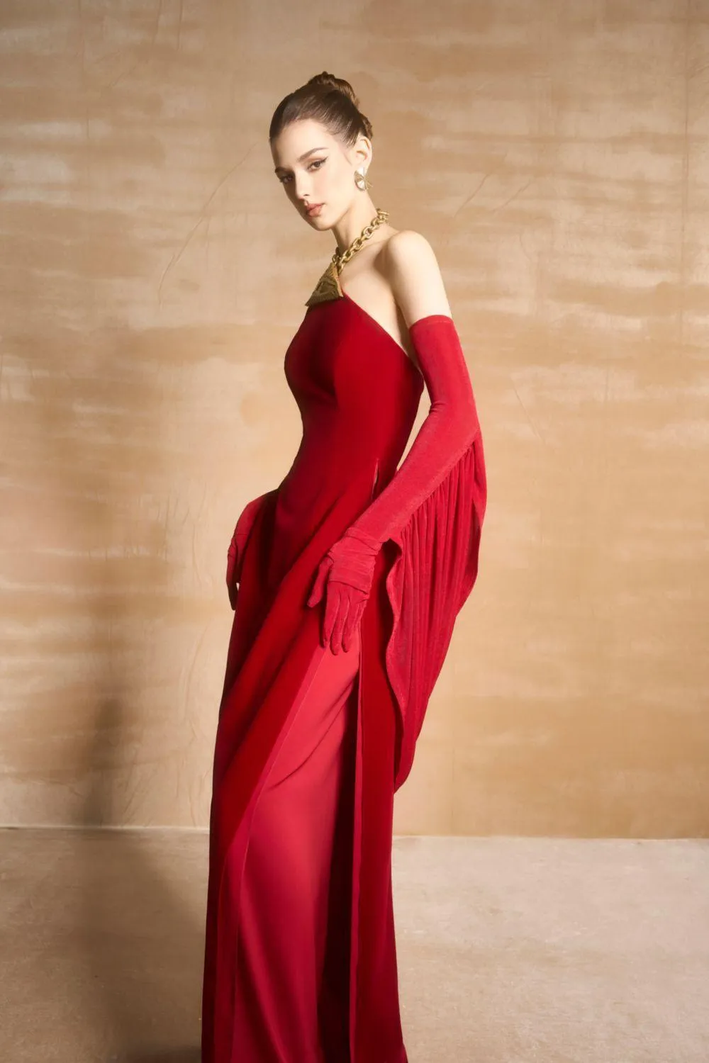 Tristyn Halter Sleeveless Velvet Floor Length Ao Dai