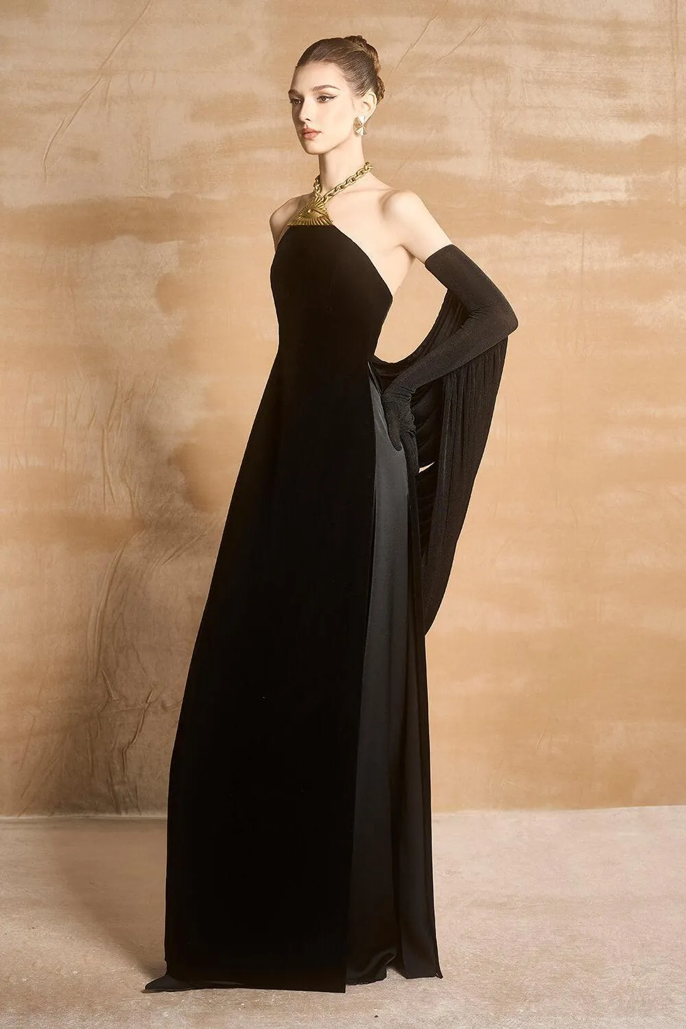 Tristyn Halter Sleeveless Velvet Floor Length Ao Dai