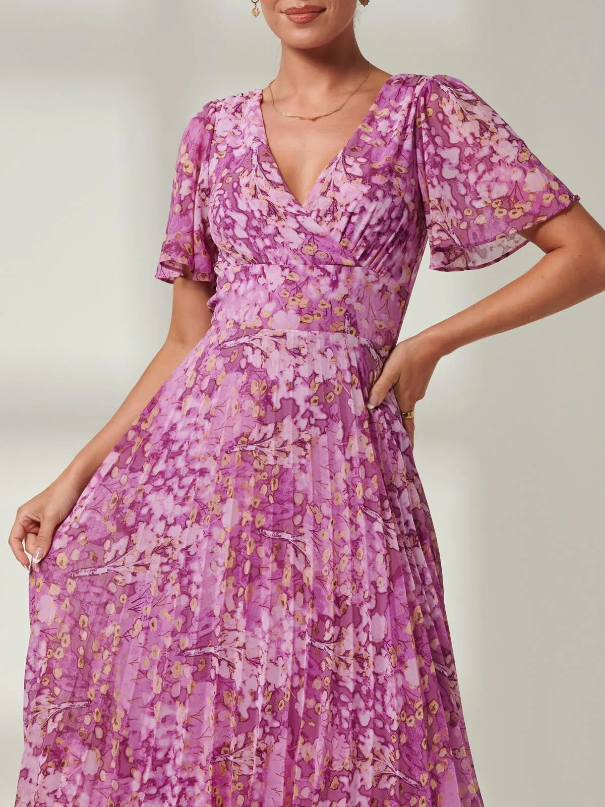 Vanya Wrap V-Neck Chiffon Maxi Dress, Purple Multi