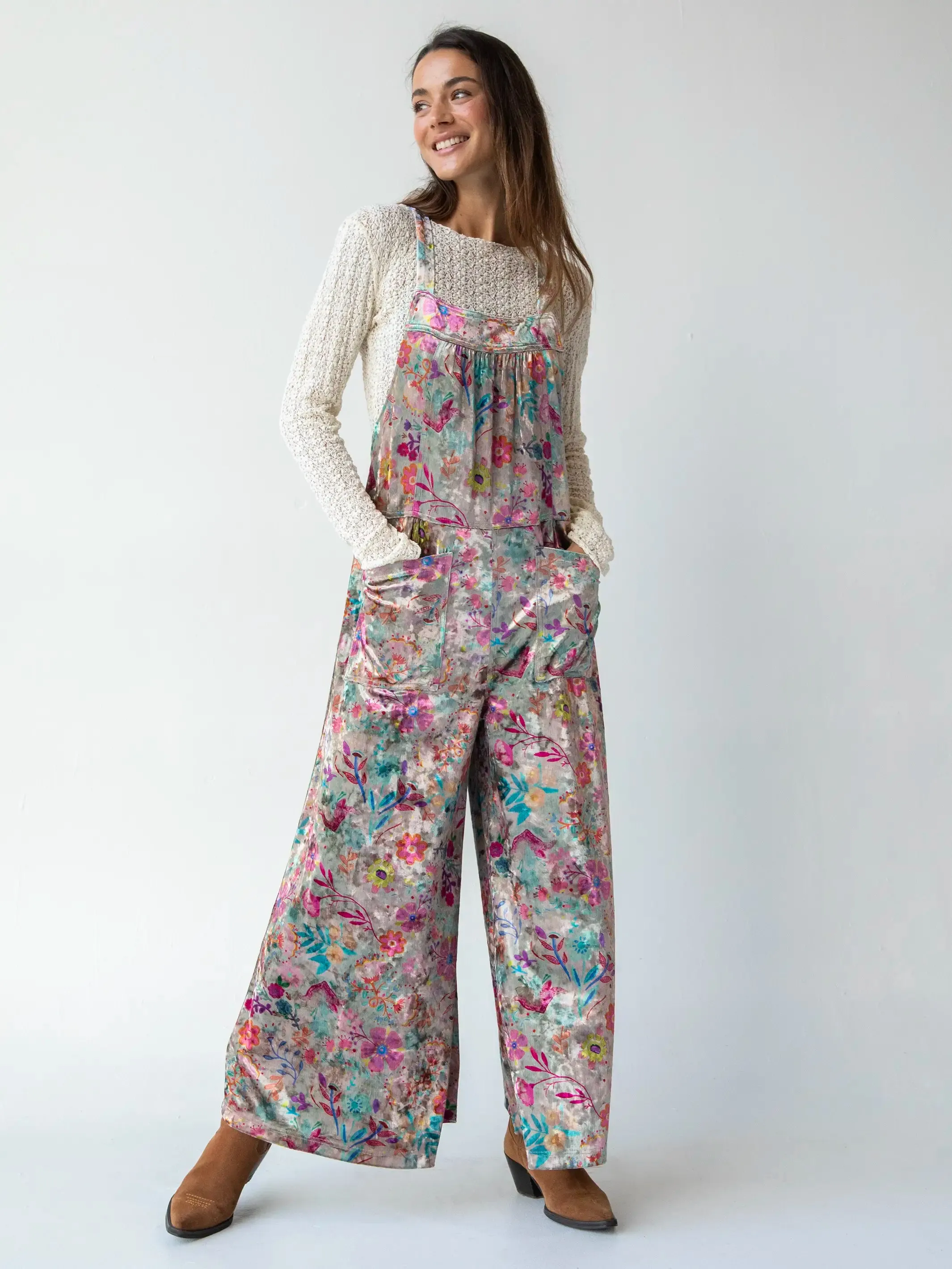 Velvet Dakota Tie Overall - Cream Turquoise Flung Floral