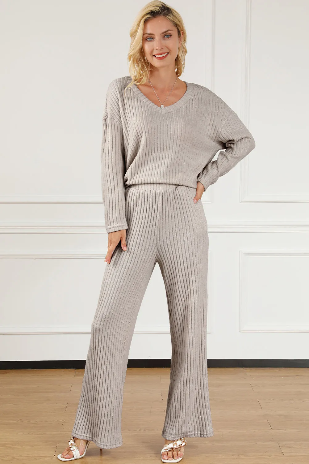 Women's Two-piece Ribbed Knit V Neck Slouchy Outfit