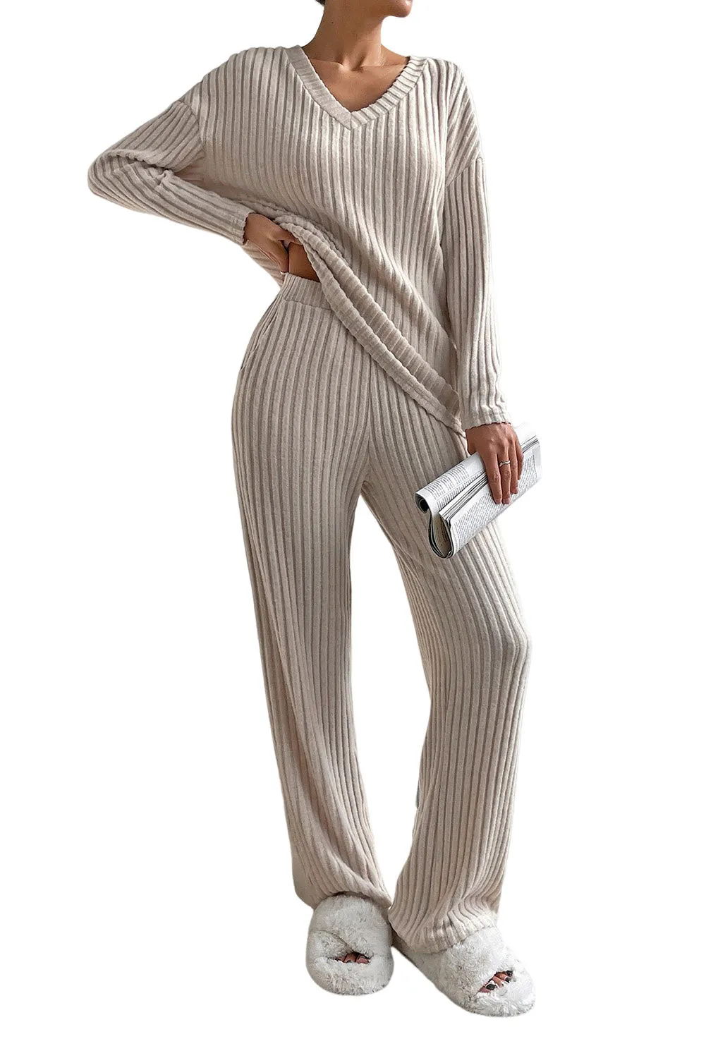 Women's Two-piece Ribbed Knit V Neck Slouchy Outfit