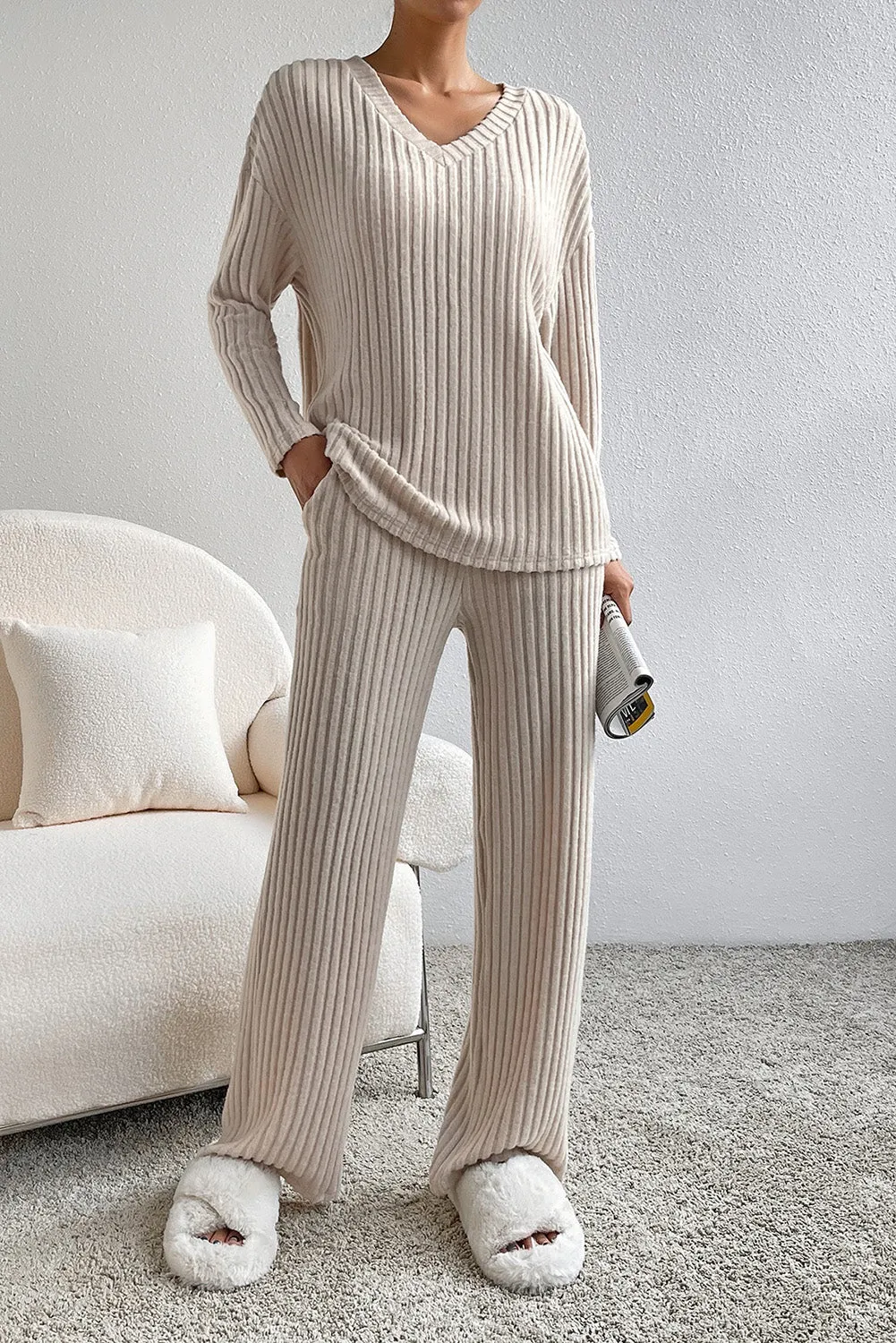 Women's Two-piece Ribbed Knit V Neck Slouchy Outfit