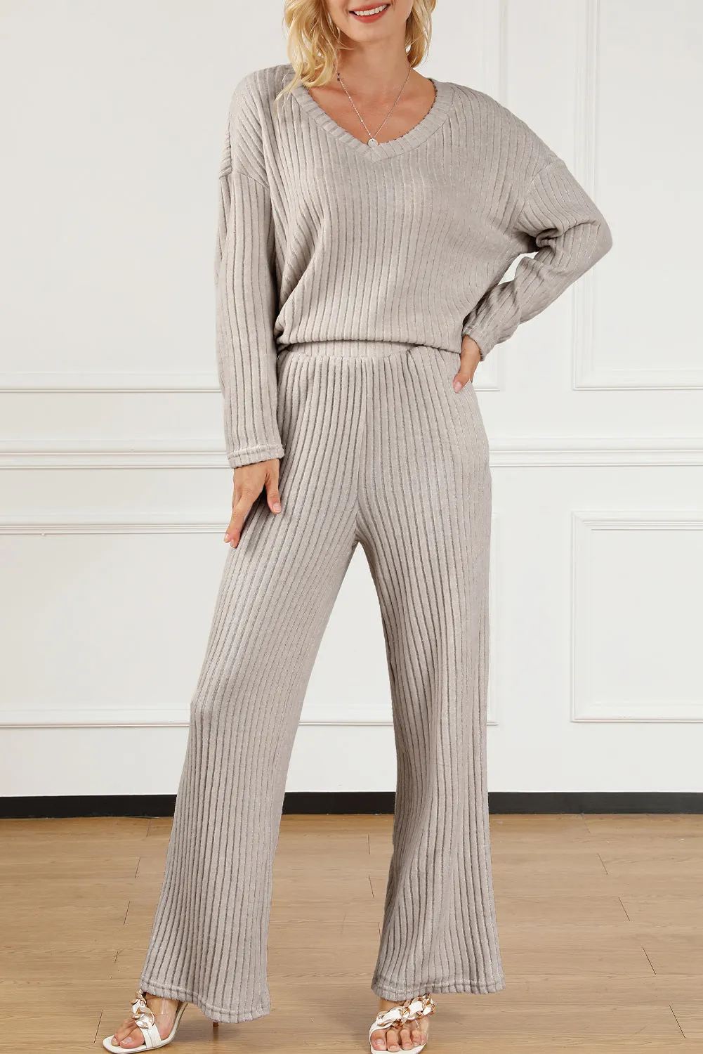 Women's Two-piece Ribbed Knit V Neck Slouchy Outfit