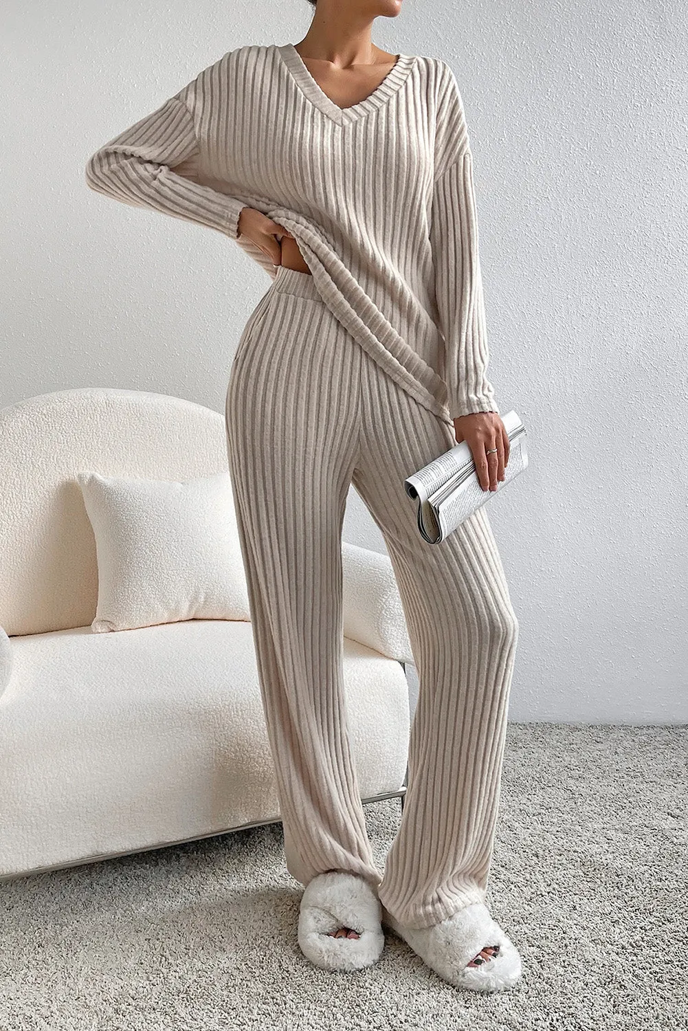 Women's Two-piece Ribbed Knit V Neck Slouchy Outfit