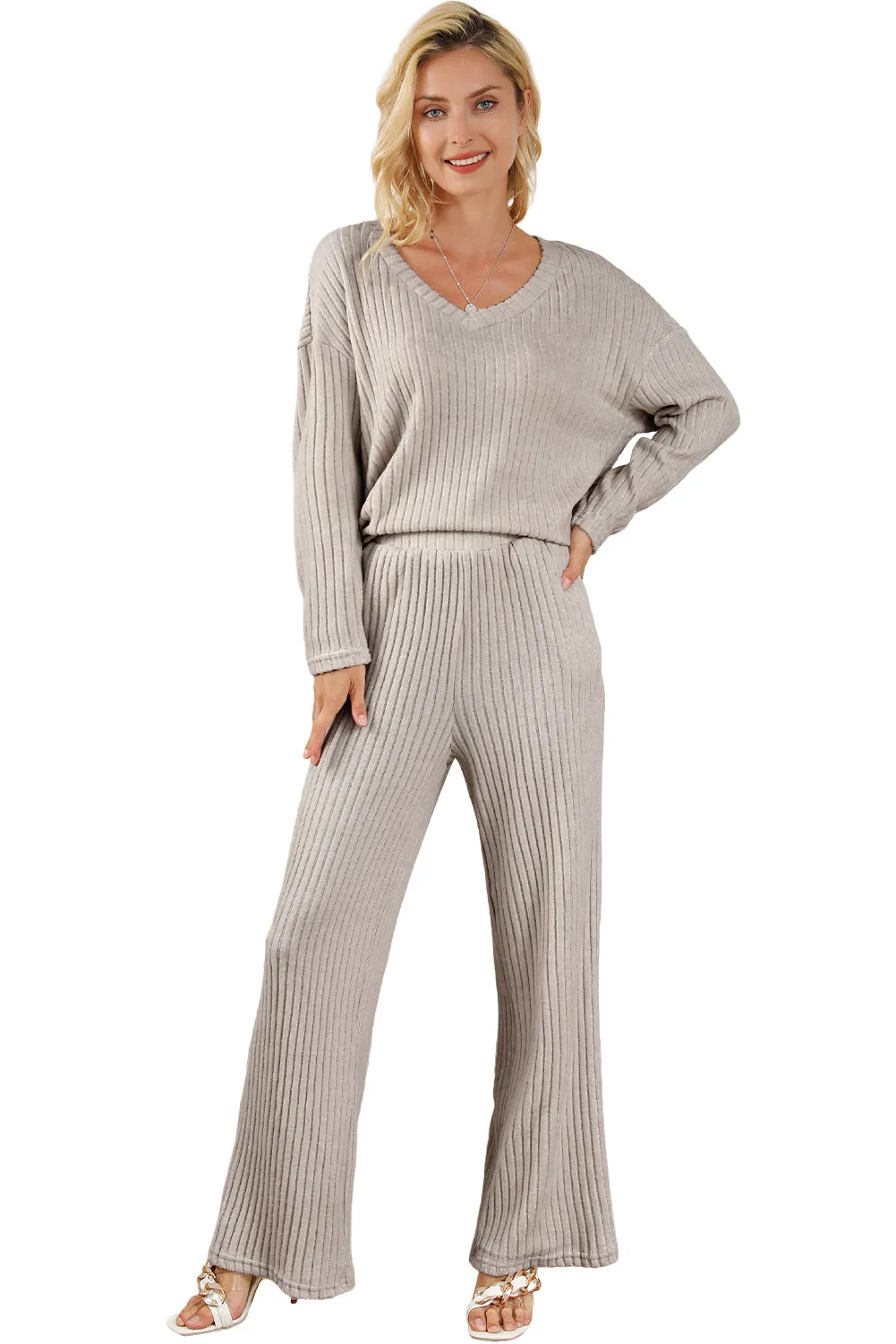 Women's Two-piece Ribbed Knit V Neck Slouchy Outfit