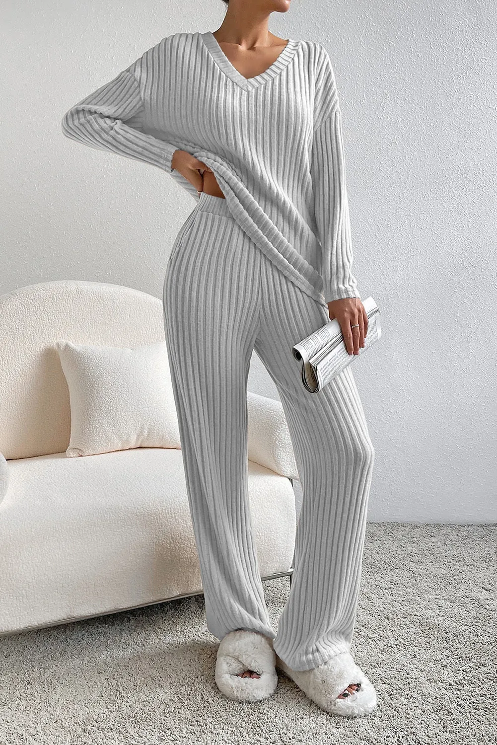 Women's Two-piece Ribbed Knit V Neck Slouchy Outfit