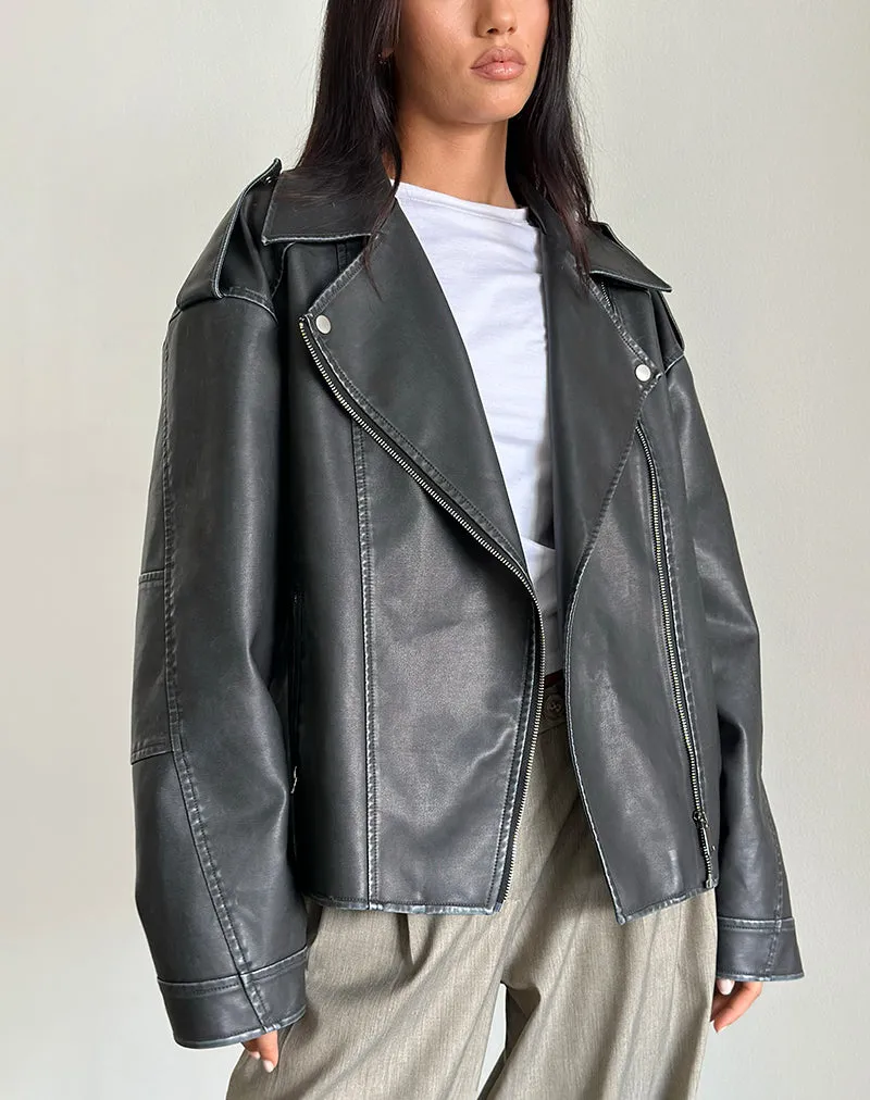 Zebbie Distressed PU Biker Jacket in Black